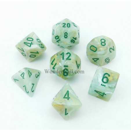 SET DE 7 DADOS MARMOLEADO VERDE C/VERDE OSCURO