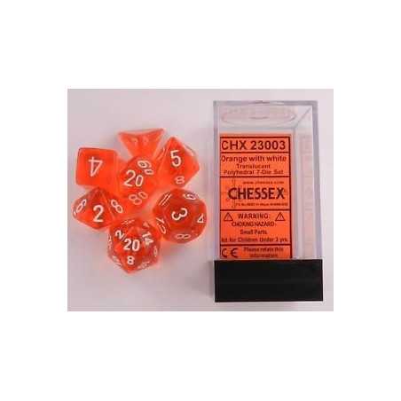 SET DE 7 DADOS TRASLUCIDOS NARANJA C/BLANCO