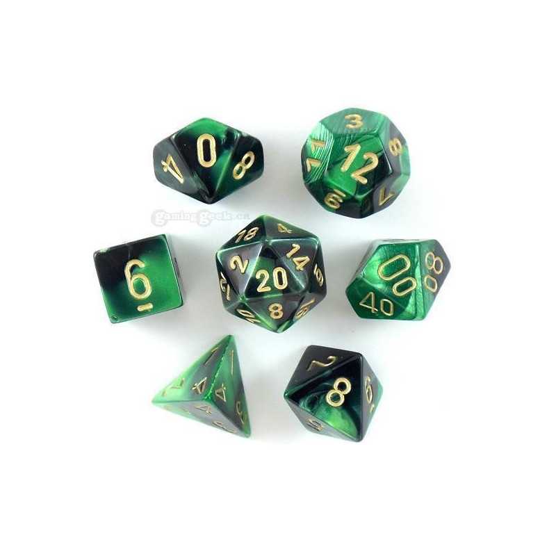 SET DE 7 DADOS GEMINI NEGRO-VERDE C/DORADO