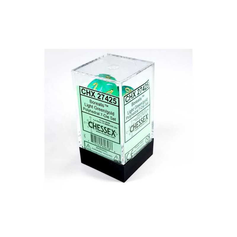 SET DE 7 DADOS BOREALIS VERDE CLARO C/DORADO