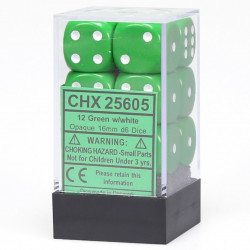 SET DE 12 DADOS D6 16MM OPACOS VERDE C/BLANCO