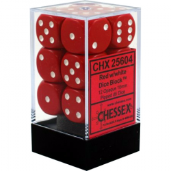 SET DE 12 DADOS D6 16MM OPACOS ROJO C/BLANCO