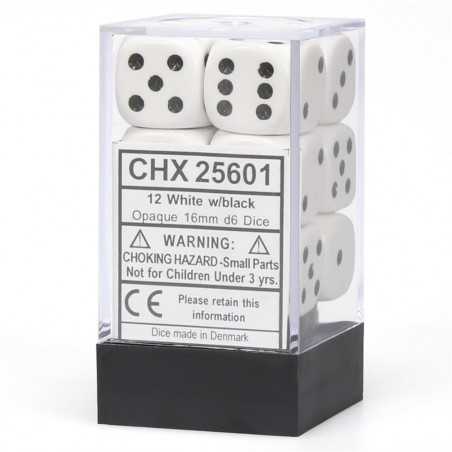 SET DE 12 DADOS D6 16MM OPACOS BLANCO C/NEGRO