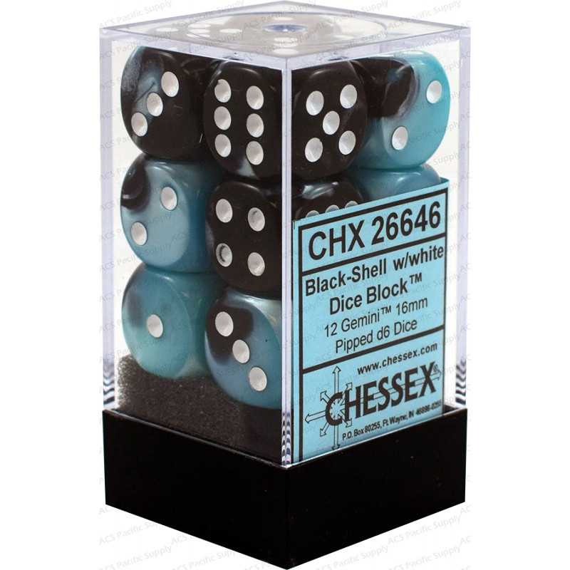 SET DE 12 DADOS D6 16MM GEMINI CONCHA NEGRA C/BLANCO