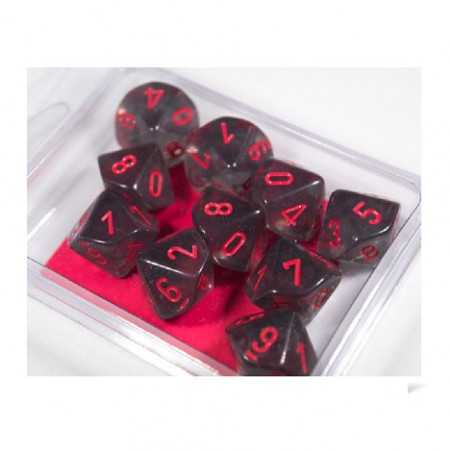 SET DE 10 DADOS D10 TRASLUCIDOS HUMO C/ROJO