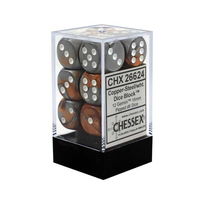 SET DE 12 DADOS D6 16MM GEMINI COBRE-ACERO C/BLANCO