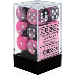 SET DE 12 DADOS D6 16MM GEMINI NEGRO-ROSA C/BLANCO
