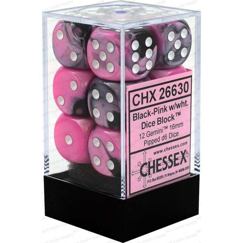 SET DE 12 DADOS D6 16MM GEMINI NEGRO-ROSA C/BLANCO