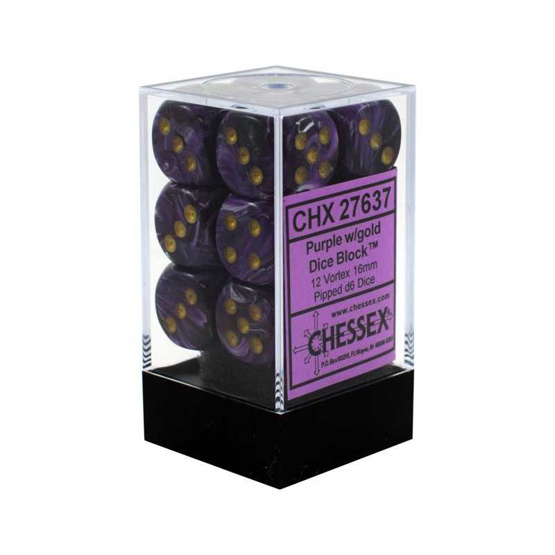 SET DE 12 DADOS d6 16MM VORTEX MORADO C/DORADO